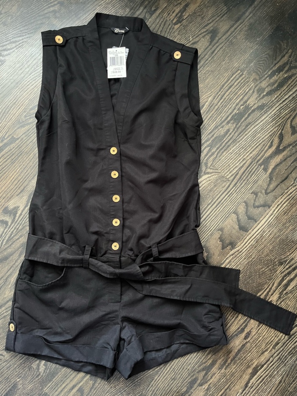 NWT Guess Black Sleeveless Gold Button Shorts Romper Tie Belt Size 26